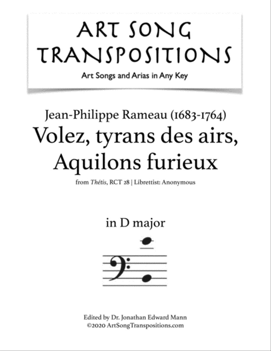 RAMEAU: Volez, tyrans des airs, Aquilons furieux (transposed to D major) Voice scores gallery preview page 1