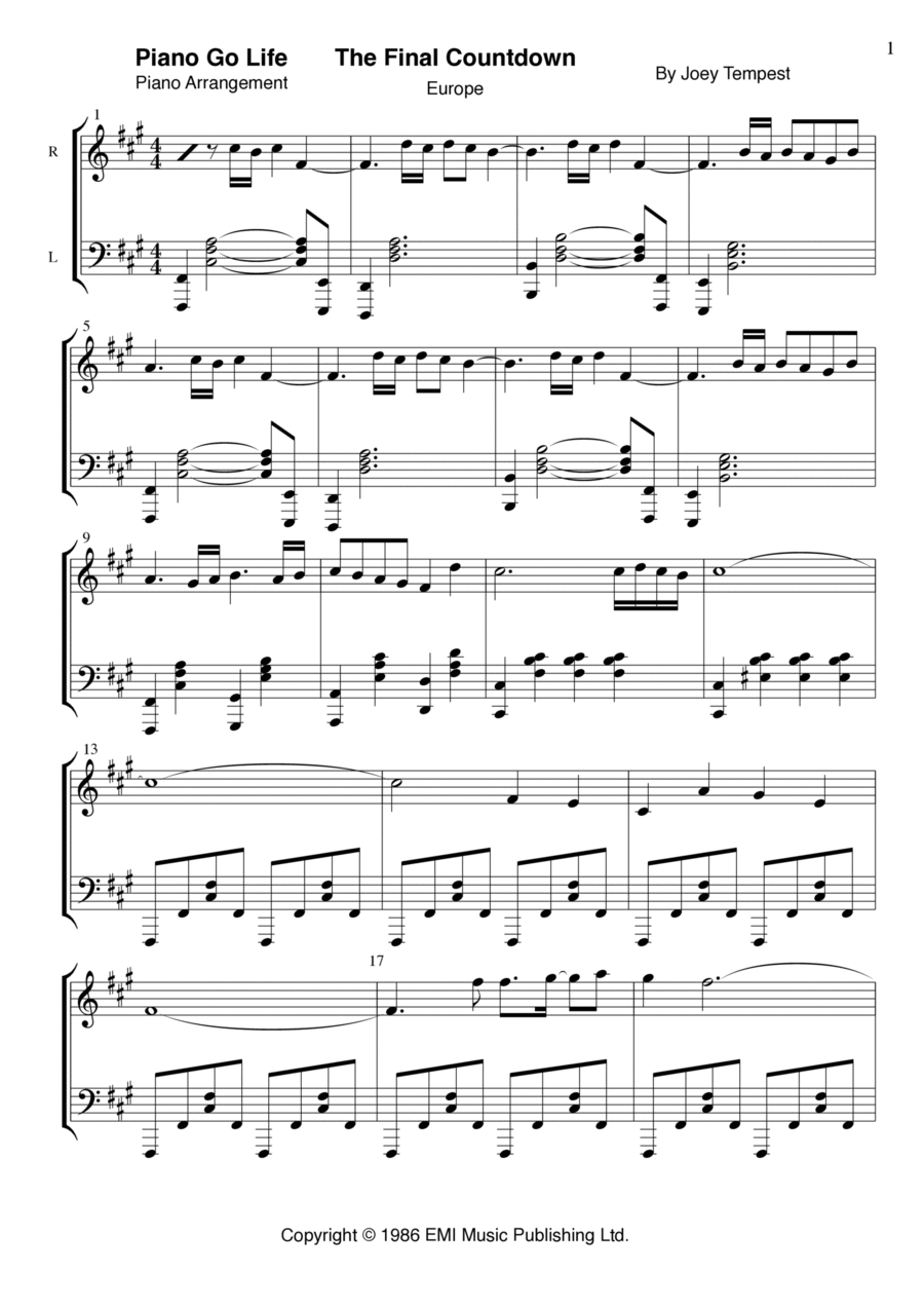 Final Countdown Piano Solo scores gallery preview page 1