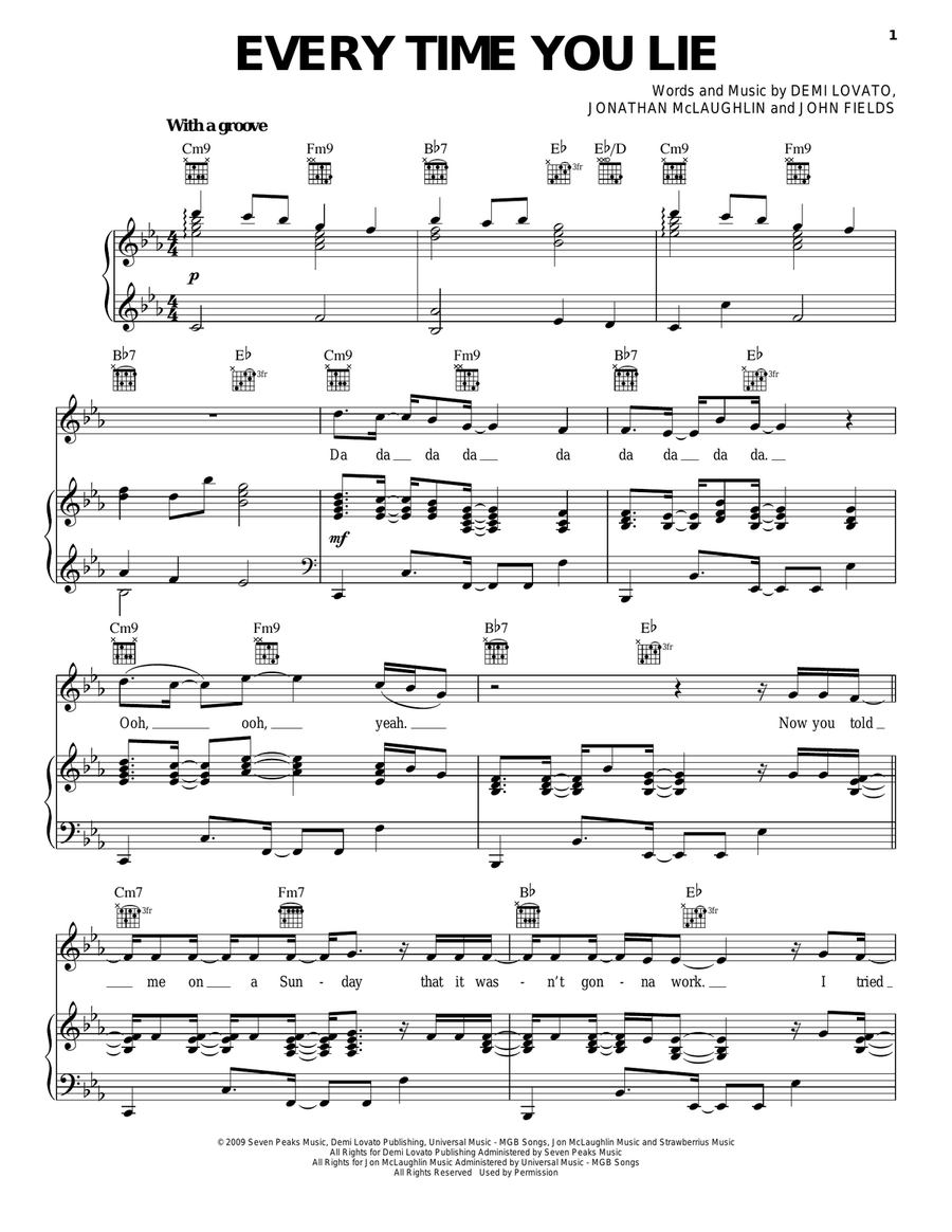 Every Time You Lie Piano, Vocal, Guitar scores gallery preview page 1
