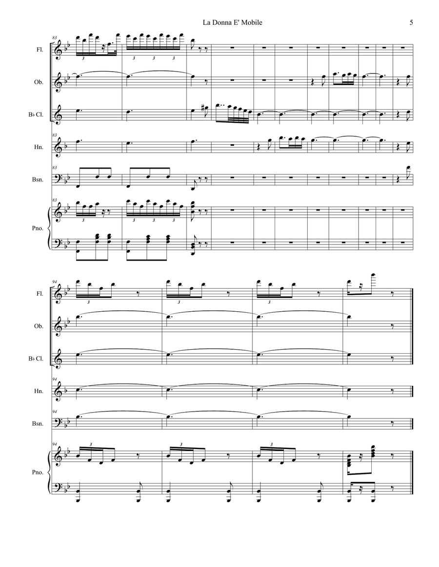 La Donna È Mobile (for Woodwind Quintet and Piano) Woodwind Quintet scores gallery preview page 6
