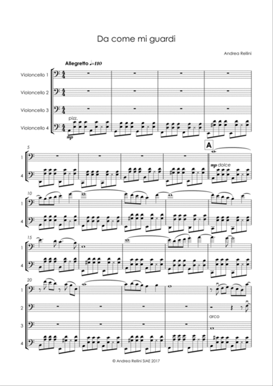 DA COME MI GUARDI (Cello quartet - 4 Cellos) String Quartet scores gallery preview page 2