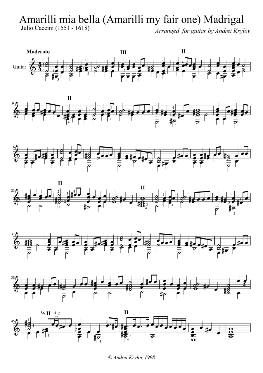 Amarilli mia bella (Amarilli my fair one) Madrigal by Julio Caccini (1551 - 1618), arranged for Clas Choir scores gallery preview page 1