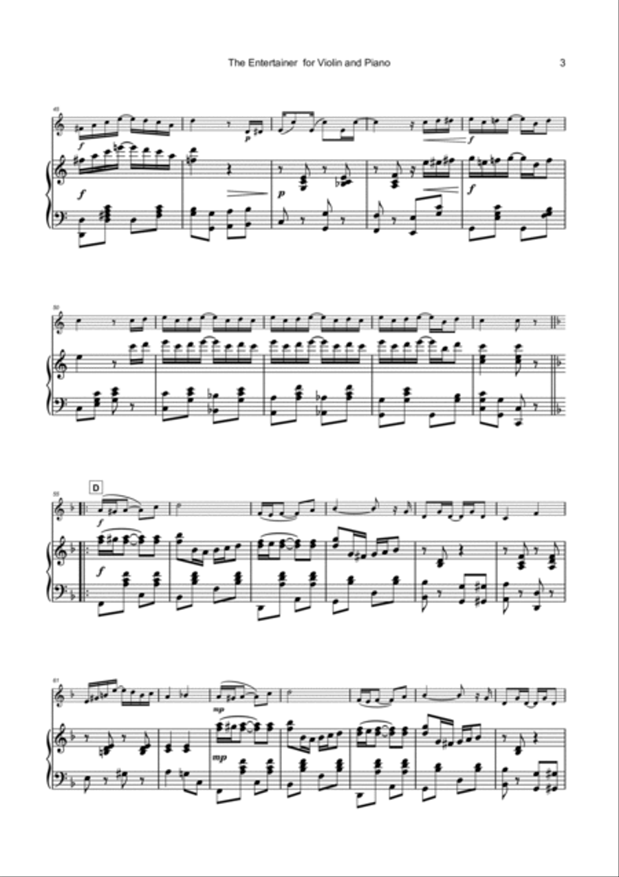 The Entertainer by Scott Joplin, for Violin and Piano