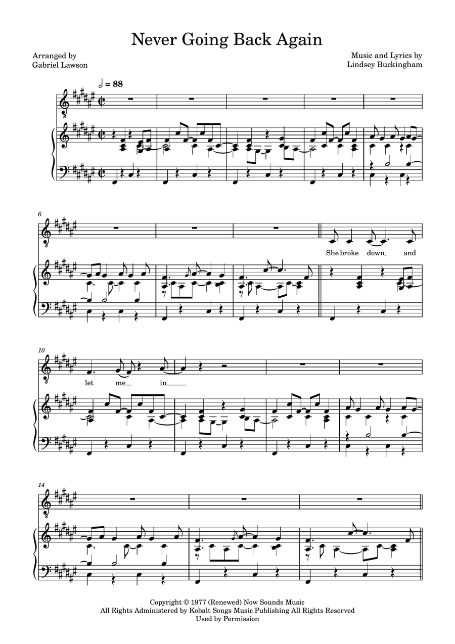 Never Going Back Again Piano, Vocal scores gallery preview page 1