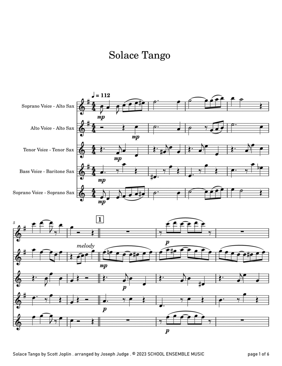 Solace Tango by Scott Joplin for Saxophone Quartet in Schools Saxophone Quartet scores gallery preview page 1