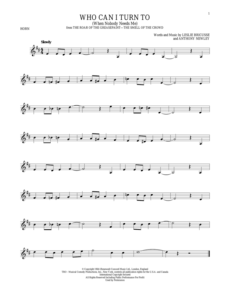 Who Can I Turn To (When Nobody Needs Me) Horn Solo scores gallery preview page 1