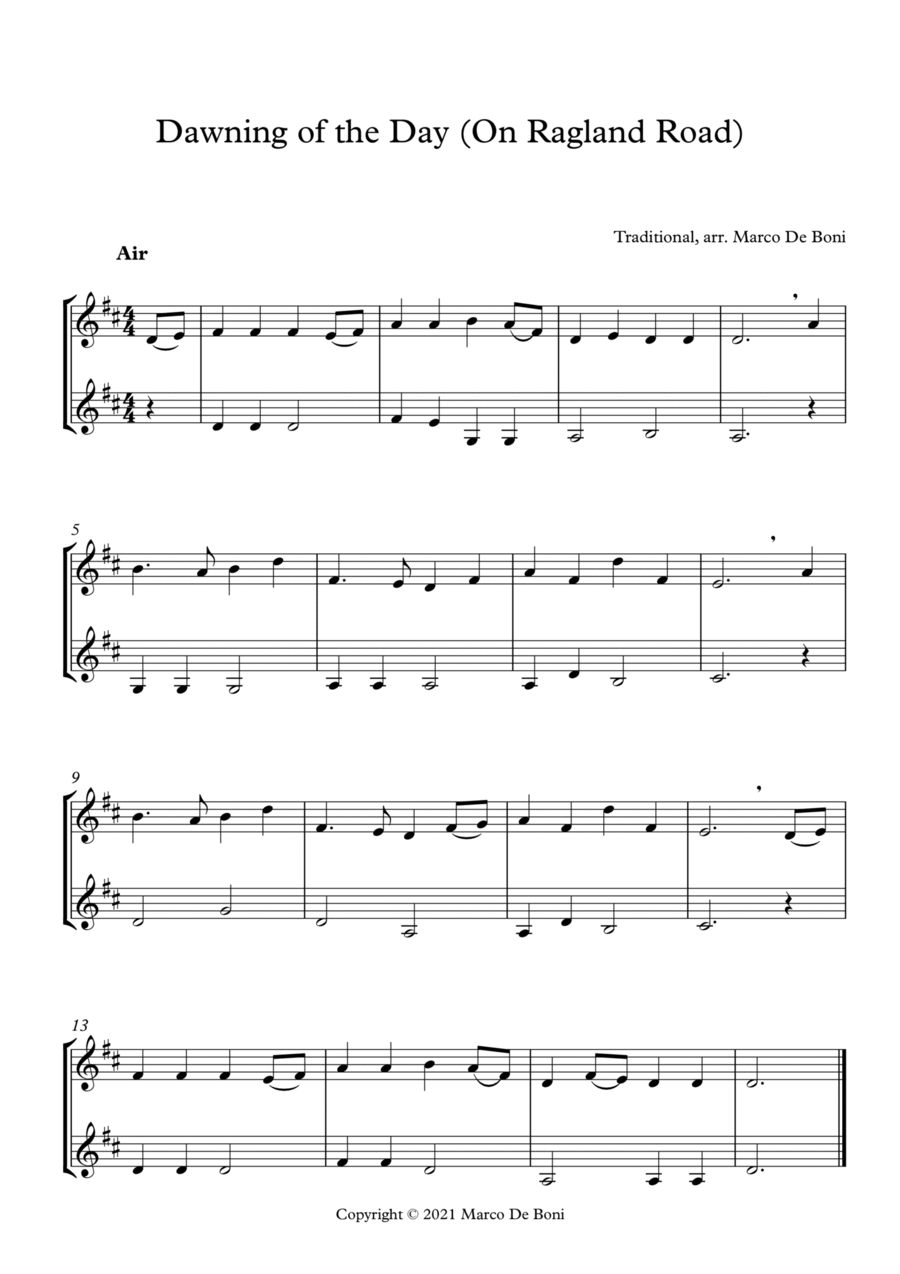 Dawning of the Day (trad. Irish air aka On Ragland Road), easy violin duet String Duet scores gallery preview page 1