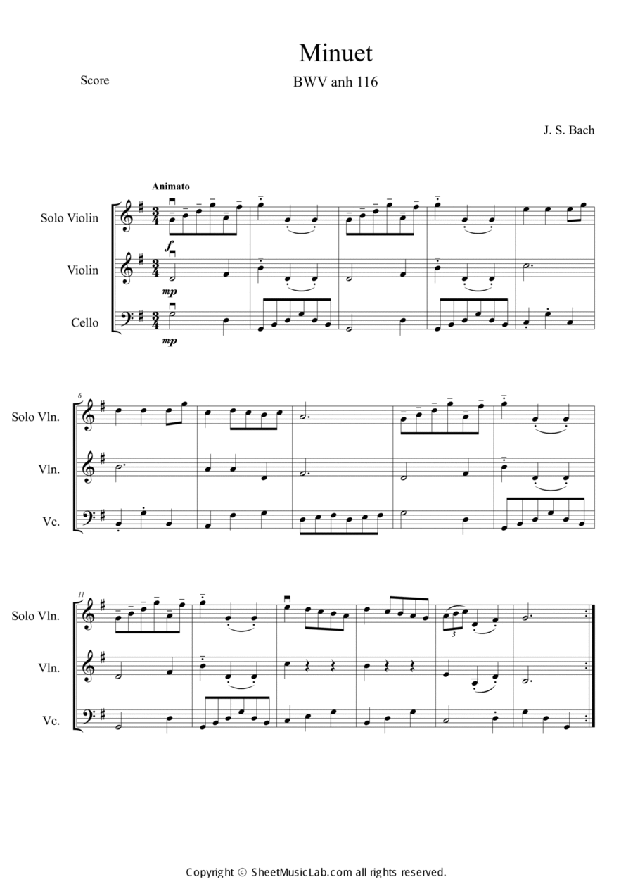 Minuet BWV anh 116 String Trio scores gallery preview page 1
