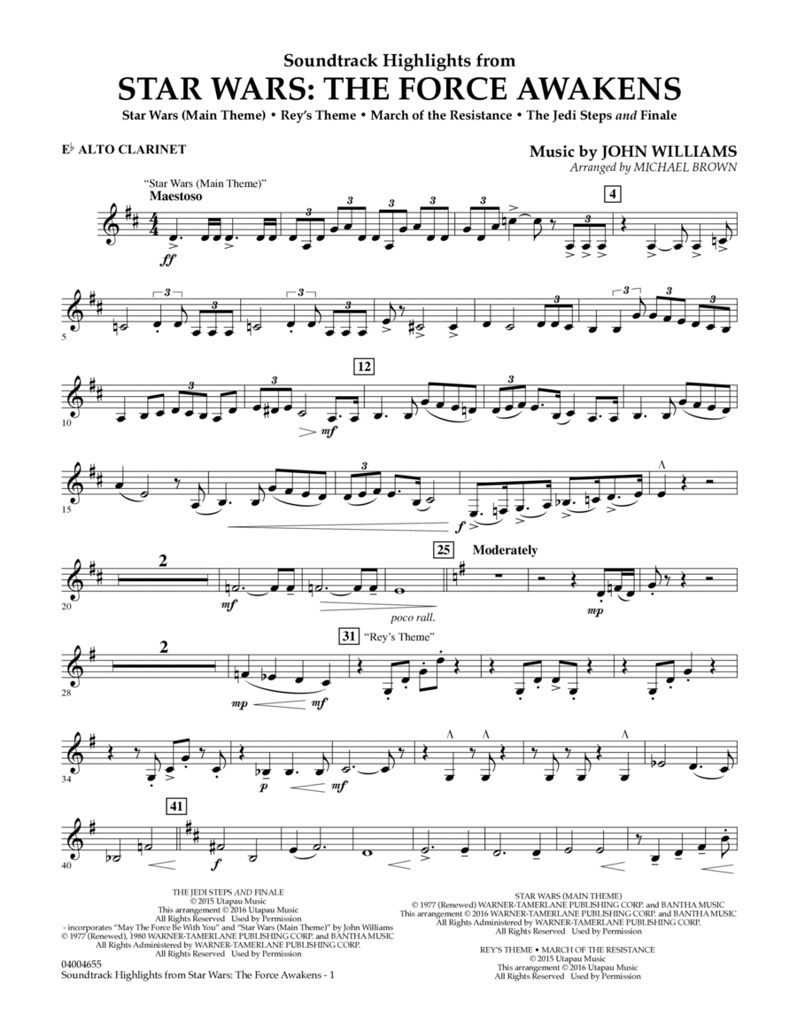 Soundtrack Highlights from Star Wars: The Force Awakens - Eb Alto Clarinet Clarinet scores gallery preview page 1