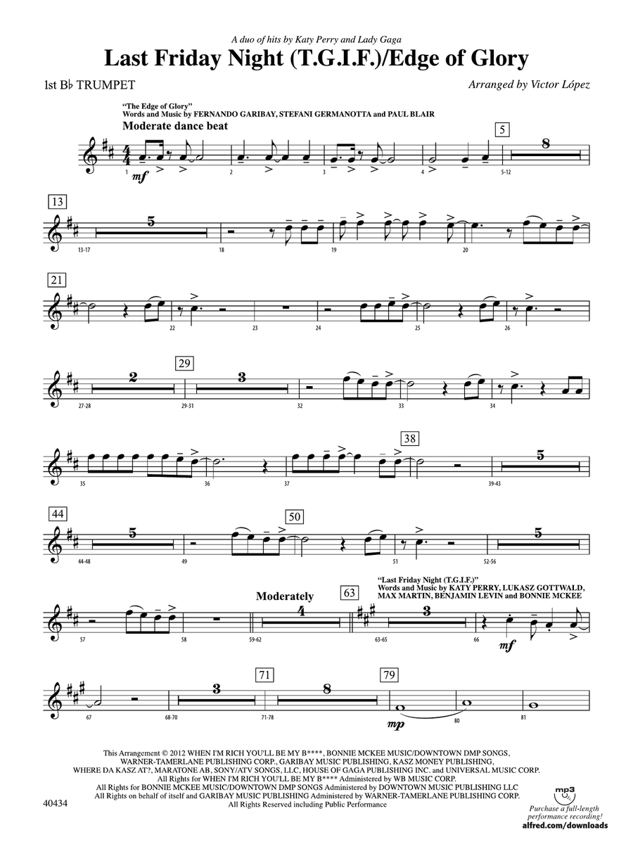 Last Friday Night (T.G.I.F.) / Edge of Glory: 1st B-flat Trumpet