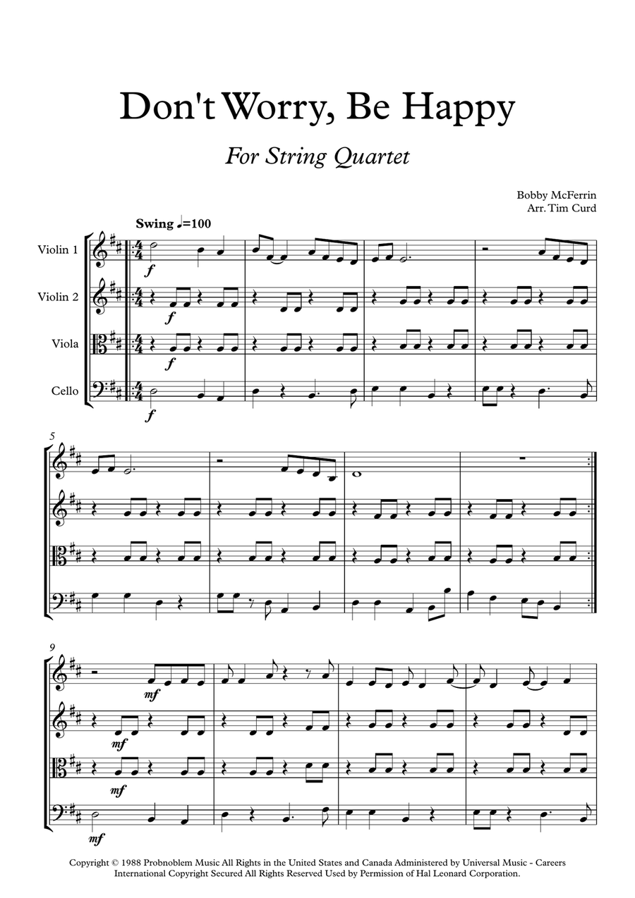 Don't Worry, Be Happy String Quartet scores gallery preview page 1