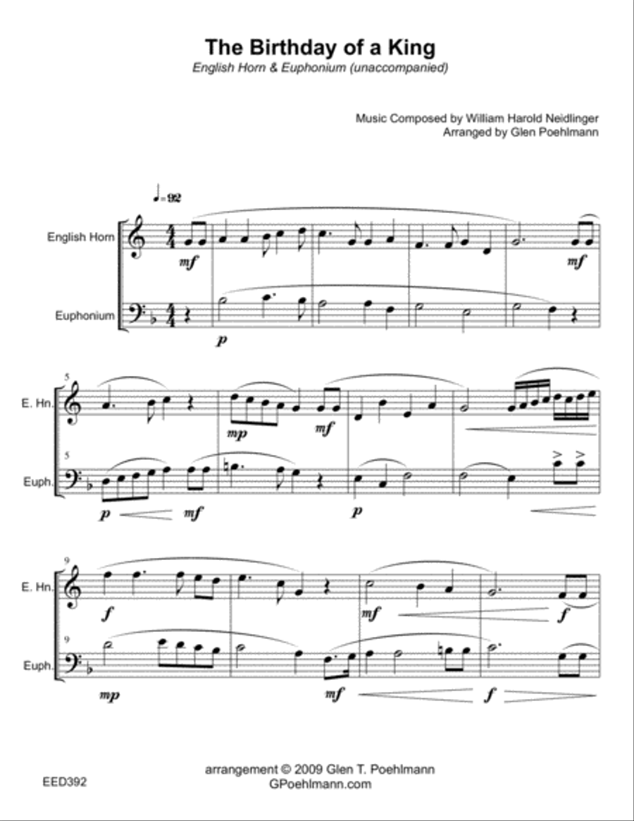 BIRTHDAY OF A KING - English Horn & Euphonium (Trombone) - unaccompanied Duet Small Ensemble scores gallery preview page 1