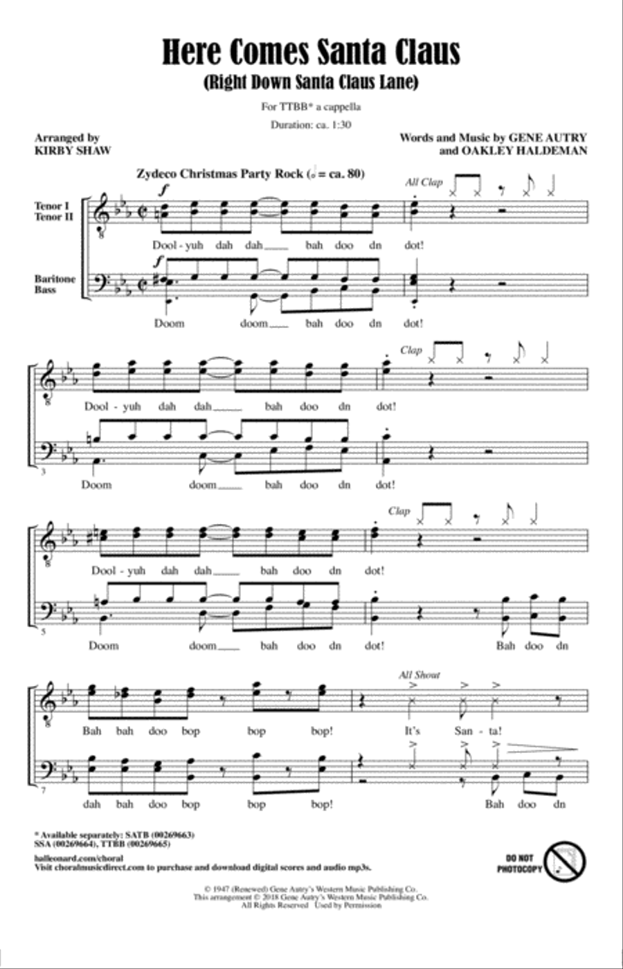 Here Comes Santa Claus (Right Down Santa Claus Lane) (Arr. Kirby Shaw) TTBB scores gallery preview page 1