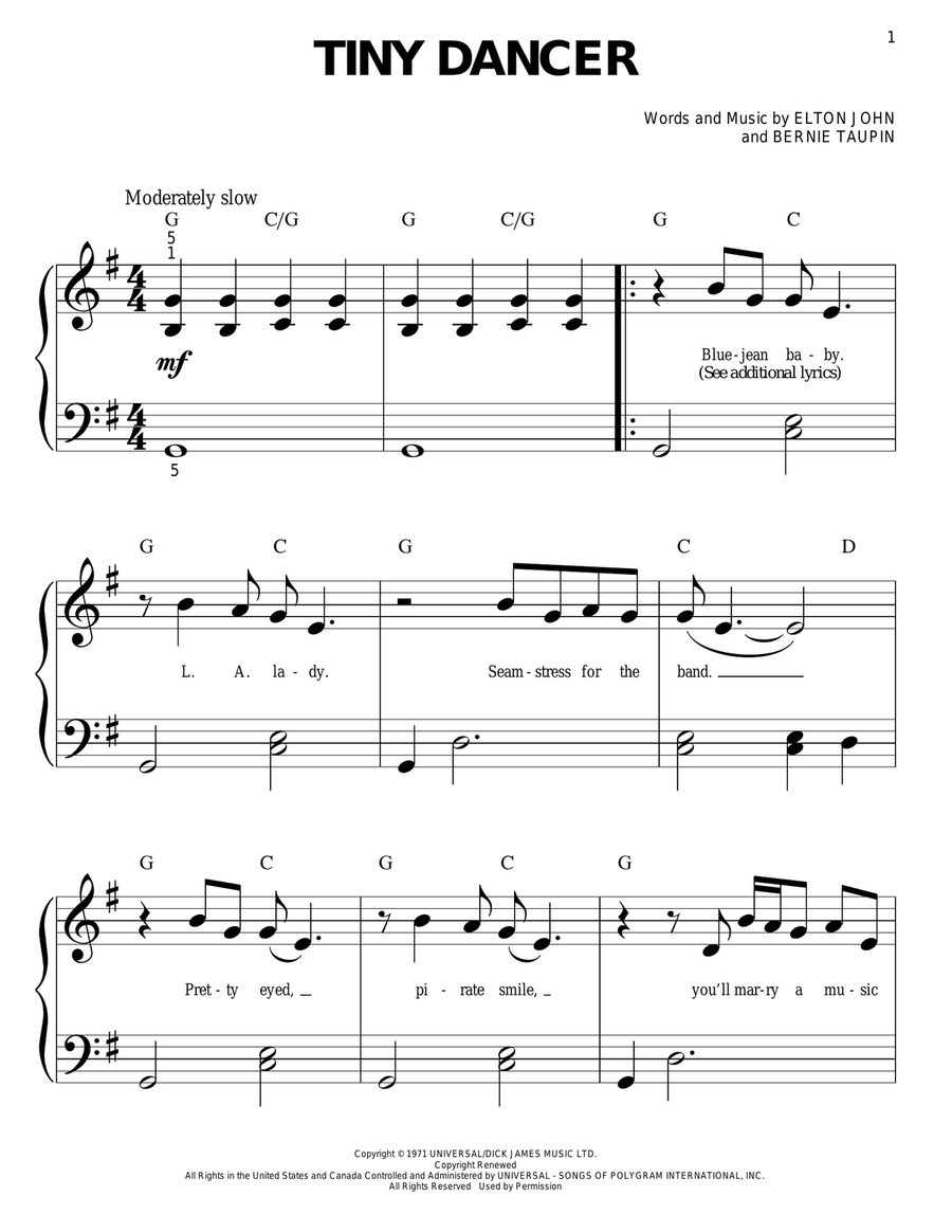 Tiny Dancer Easy Piano scores gallery preview page 1