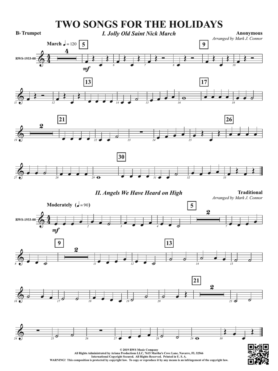 Two Songs for the Holidays - Jolly Old Saint Nick March & Angels We Have Heard On High: 1st B-flat Trumpet B-Flat Trumpet scores gallery preview page 1