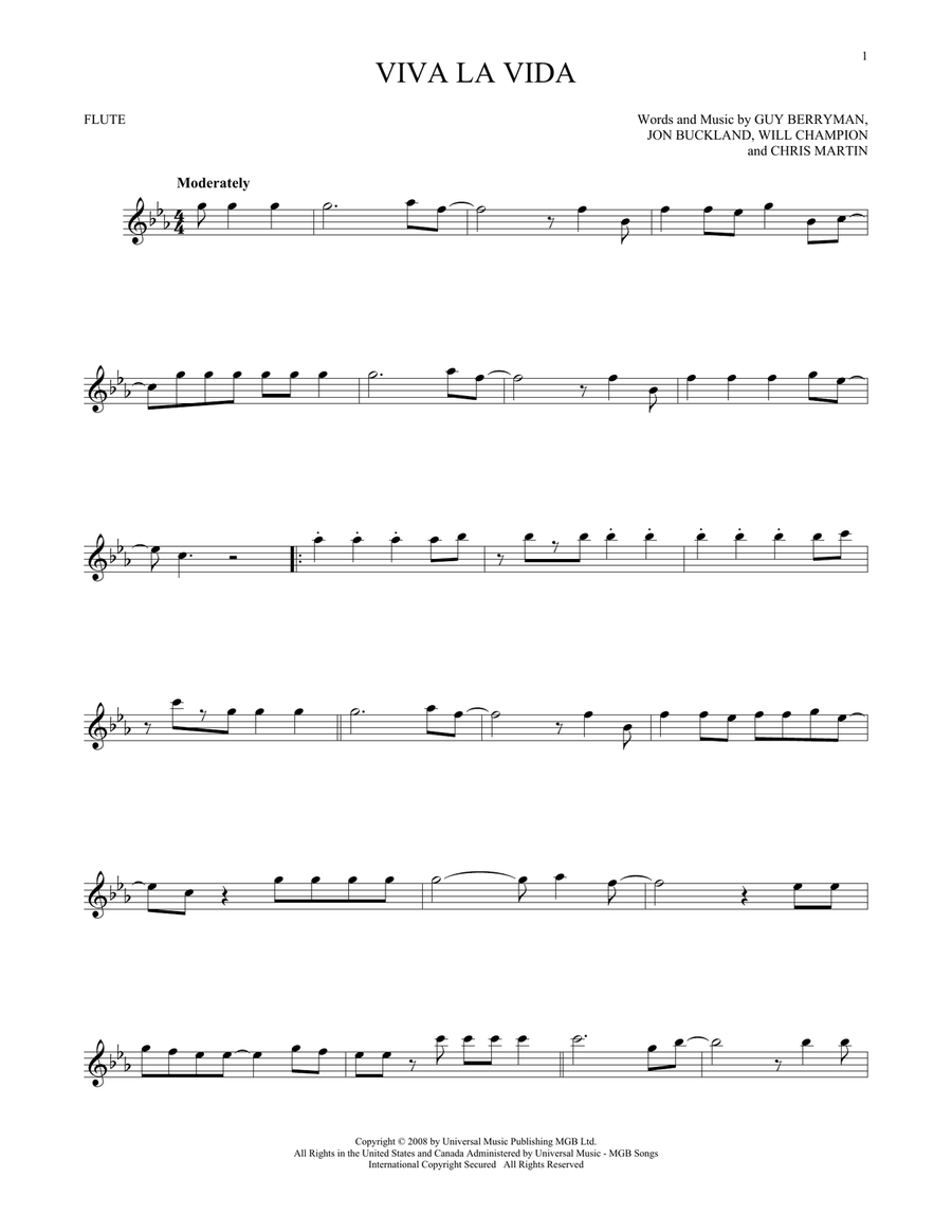Viva La Vida Viva La Vida Flute Solo scores gallery preview page 1