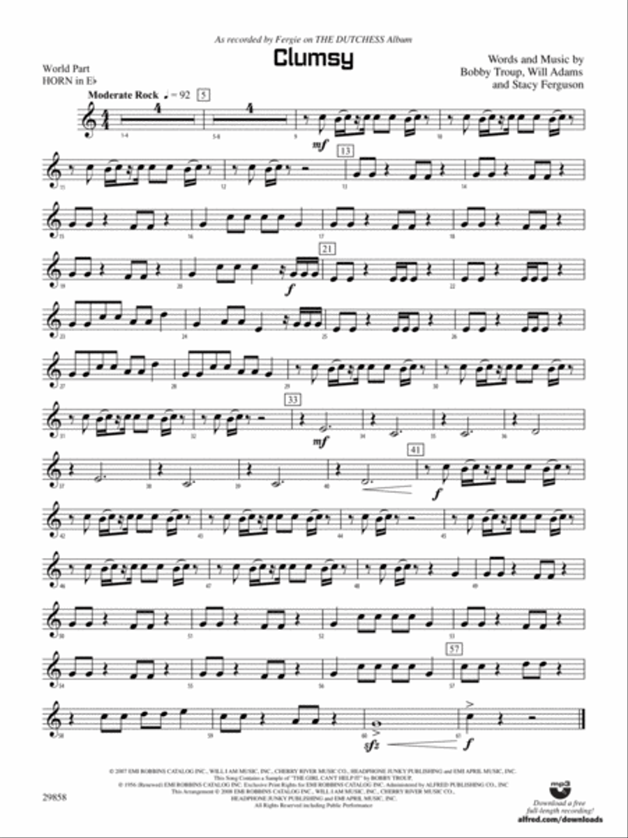 Clumsy (as recorded by Fergie on the album The Dutchess): (World Part) 1st Horn in E-flat Concert Band scores gallery preview page 1