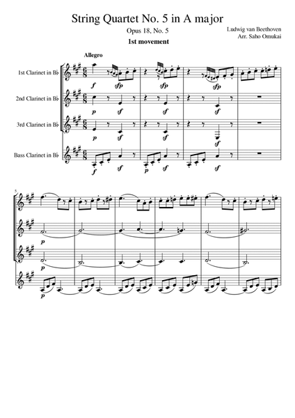 Ludwig van Beethoven: Quartet No.5 Op.18.in A major for 4 Clarinets(3 Clarinets and Bass Clarinet).