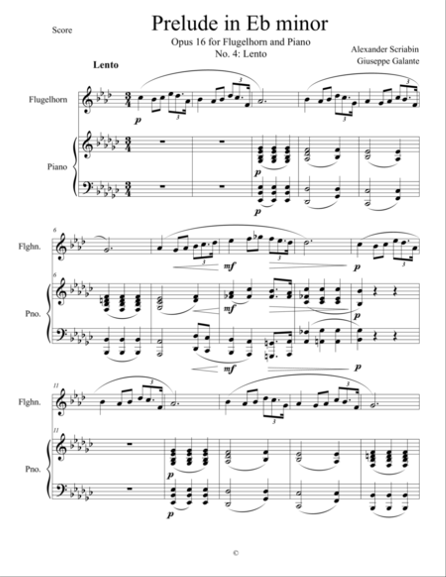 Alexander Scriabin: Prelude in Eb minor, Opus 16 for Flugelhorn and Piano, No. 4: Lento Small Ensemble scores gallery preview page 3