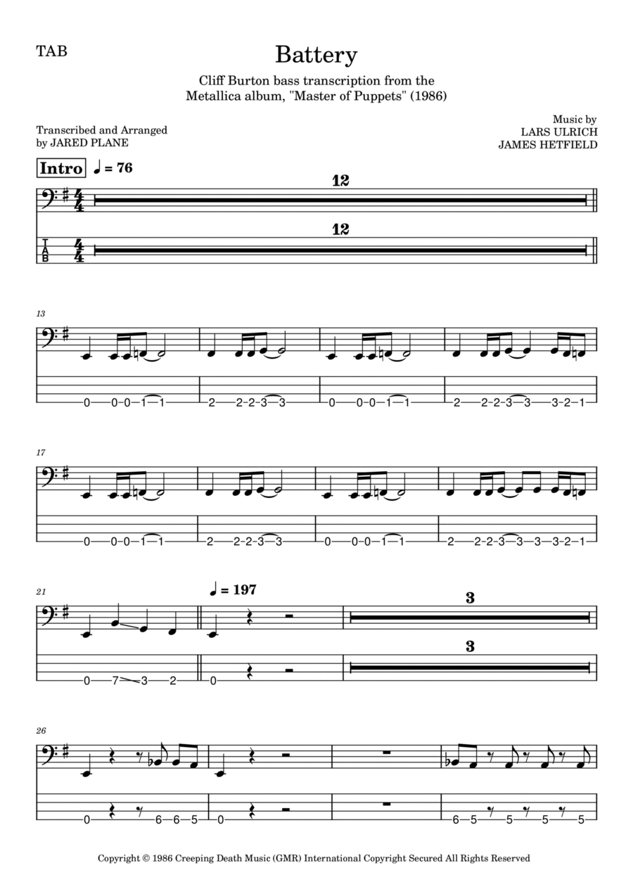 Battery Bass Guitar Tablature scores gallery preview page 1