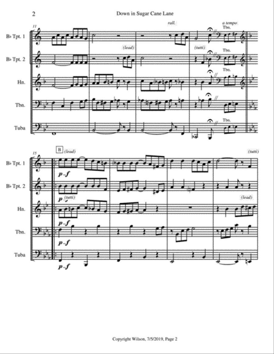 Down in Sugar Cane Lane Brass Quintet scores gallery preview page 3