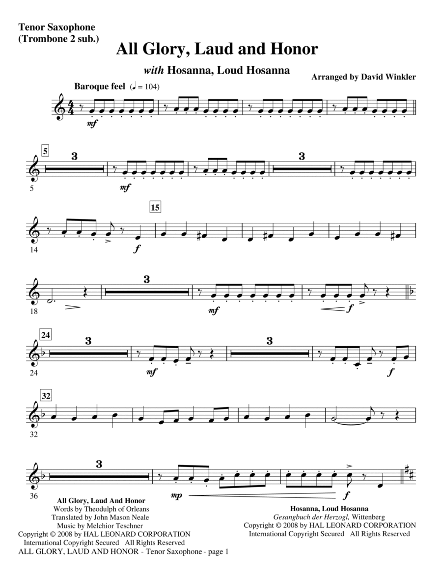 All Glory, Laud, And Honor (with Hosanna, Loud Hosanna) - Tenor Sax Tenor Saxophone scores gallery preview page 1