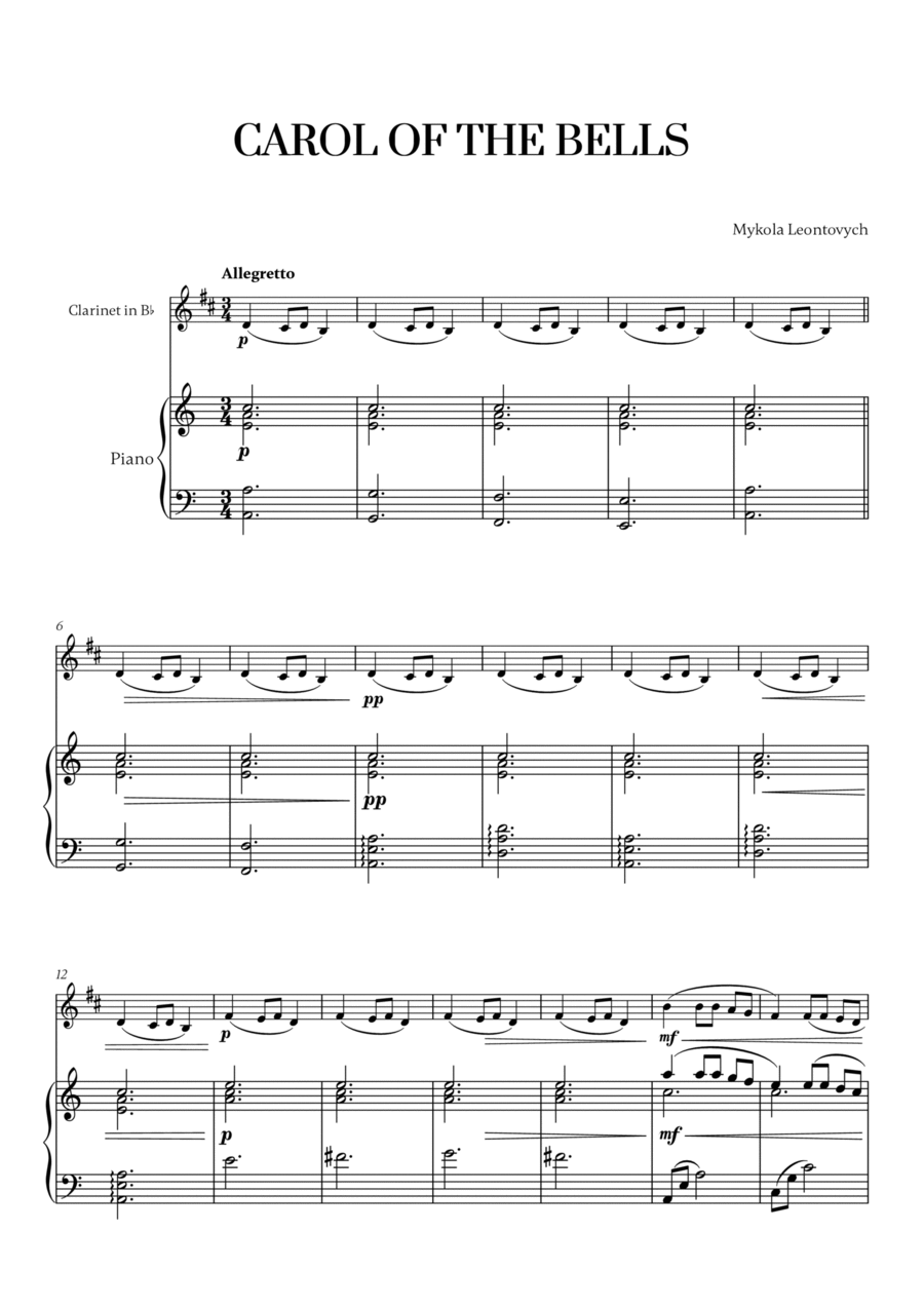Carol of the Bells (Very Easy/Beginner) - A minor (for Clarinet and Piano) Clarinet Solo scores gallery preview page 1