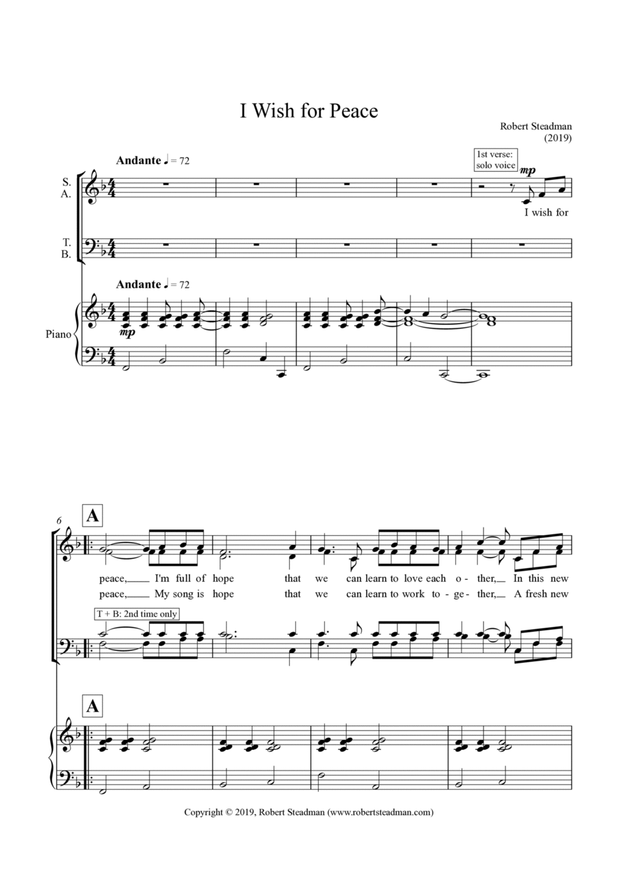 I Wish For Peace (SATB choir & piano) 4-Part scores gallery preview page 1