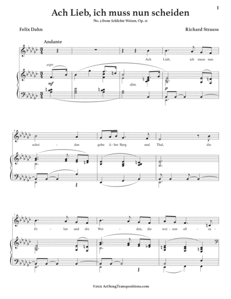 STRAUSS: Ach Lieb, ich muss nun scheiden, Op. 21 no. 3 (transposed to E-flat minor)