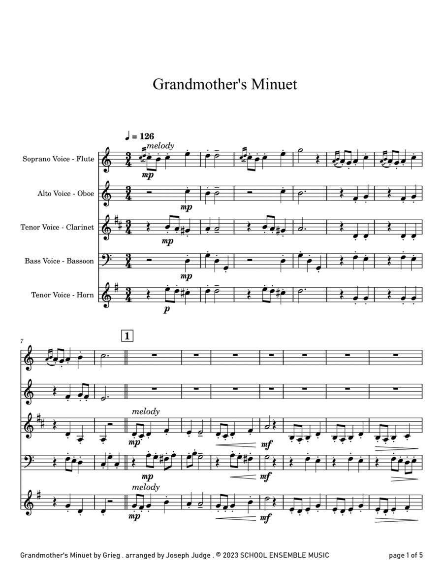 Grandmother's Minuet by Grieg for Woodwind Quartet in Schools Woodwind Quartet scores gallery preview page 1