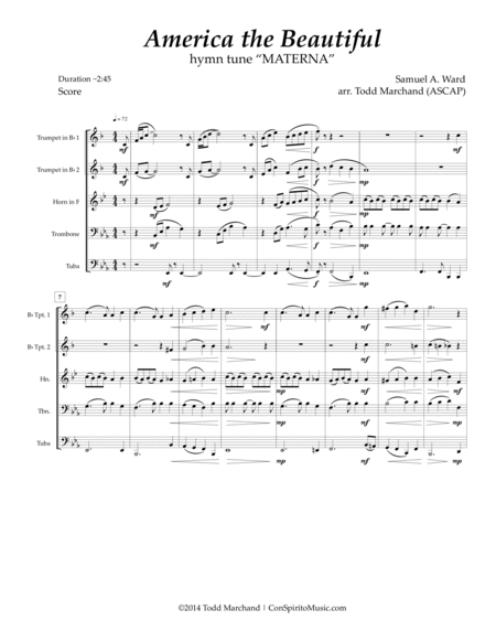 America the Beautiful ("Materna") - brass quintet by Todd Marchand Horn - Digital Sheet Music