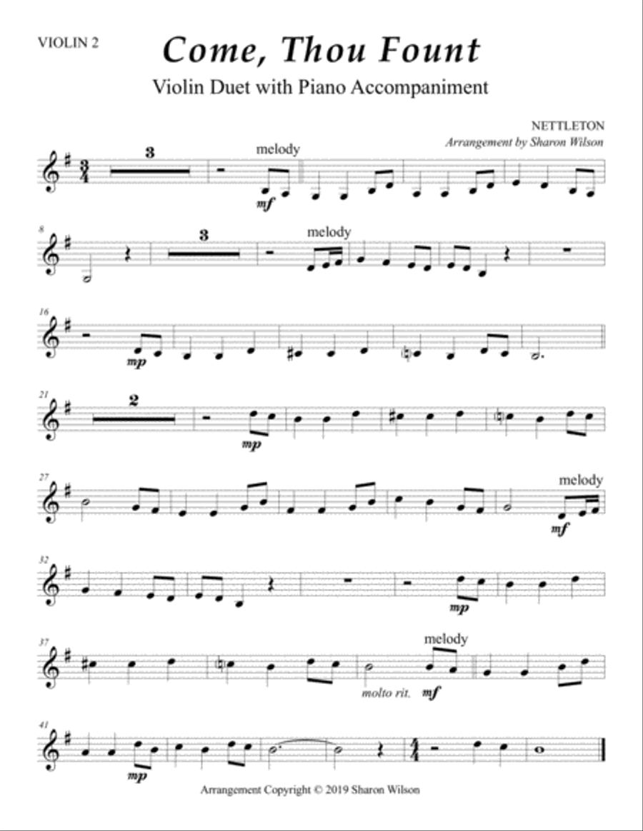 Come, Thou Fount of Every Blessing (Easy Violin Duet with Piano Accompaniment) String Duet scores gallery preview page 3