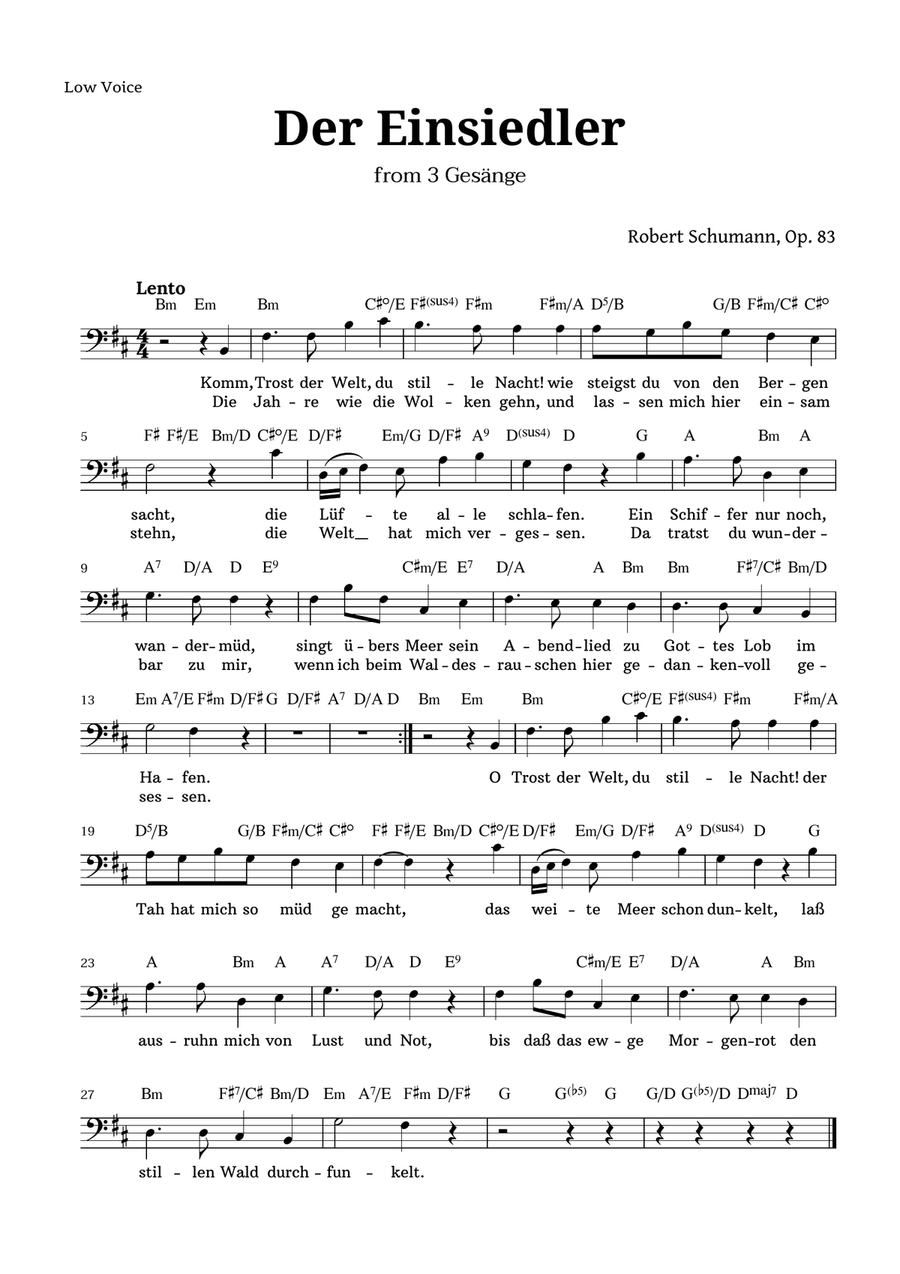 Der Einsiedler by Schumann for Low Voice and Chords Low Voice scores gallery preview page 1