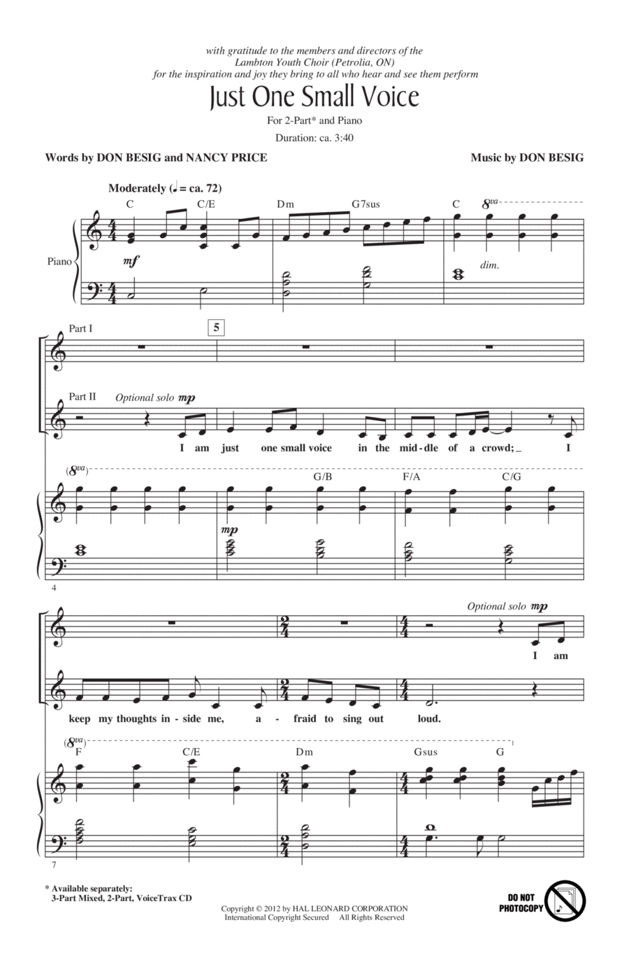 Just One Small Voice Just One Small Voice 2-Part scores gallery preview page 1