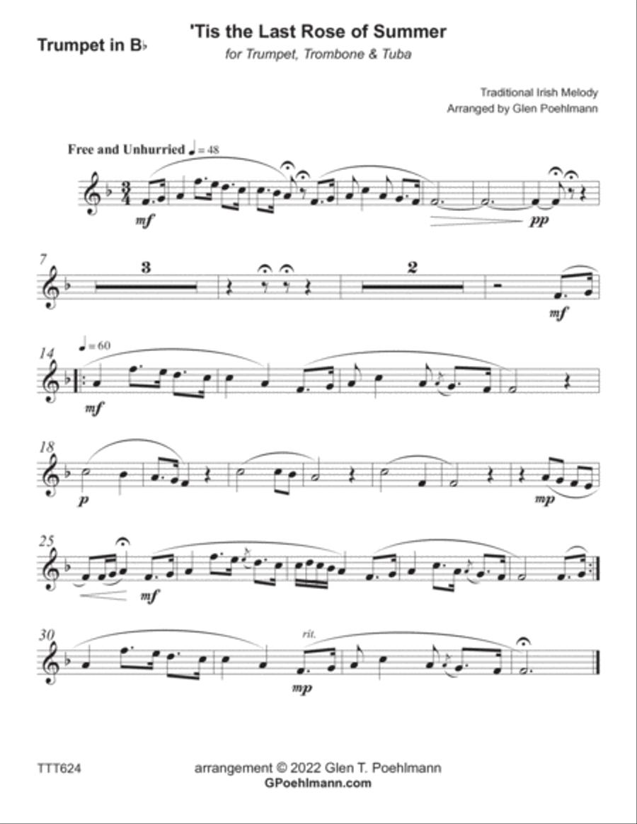 THE LAST ROSE OF SUMMER - Trumpet, Trombone & Tuba (unaccompanied) Brass Ensemble scores gallery preview page 3