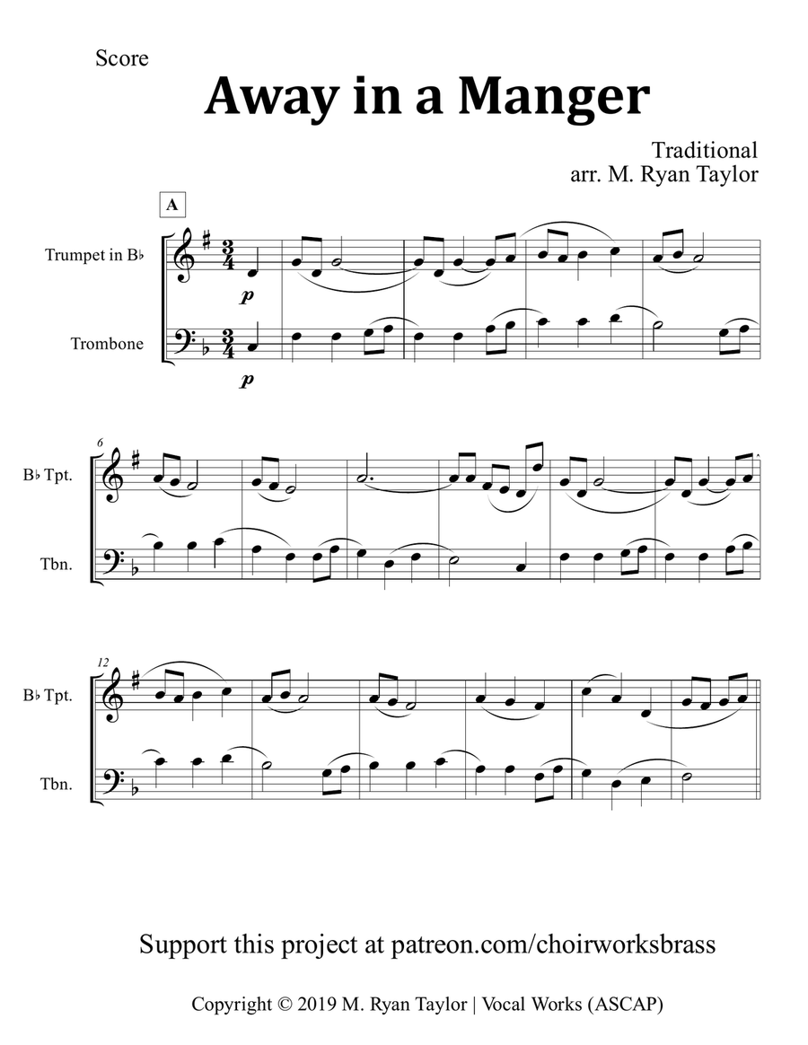 Away in a Manger for Brass Trio (Trumpet, Trombone, Tuba) Brass Trio scores gallery preview page 1