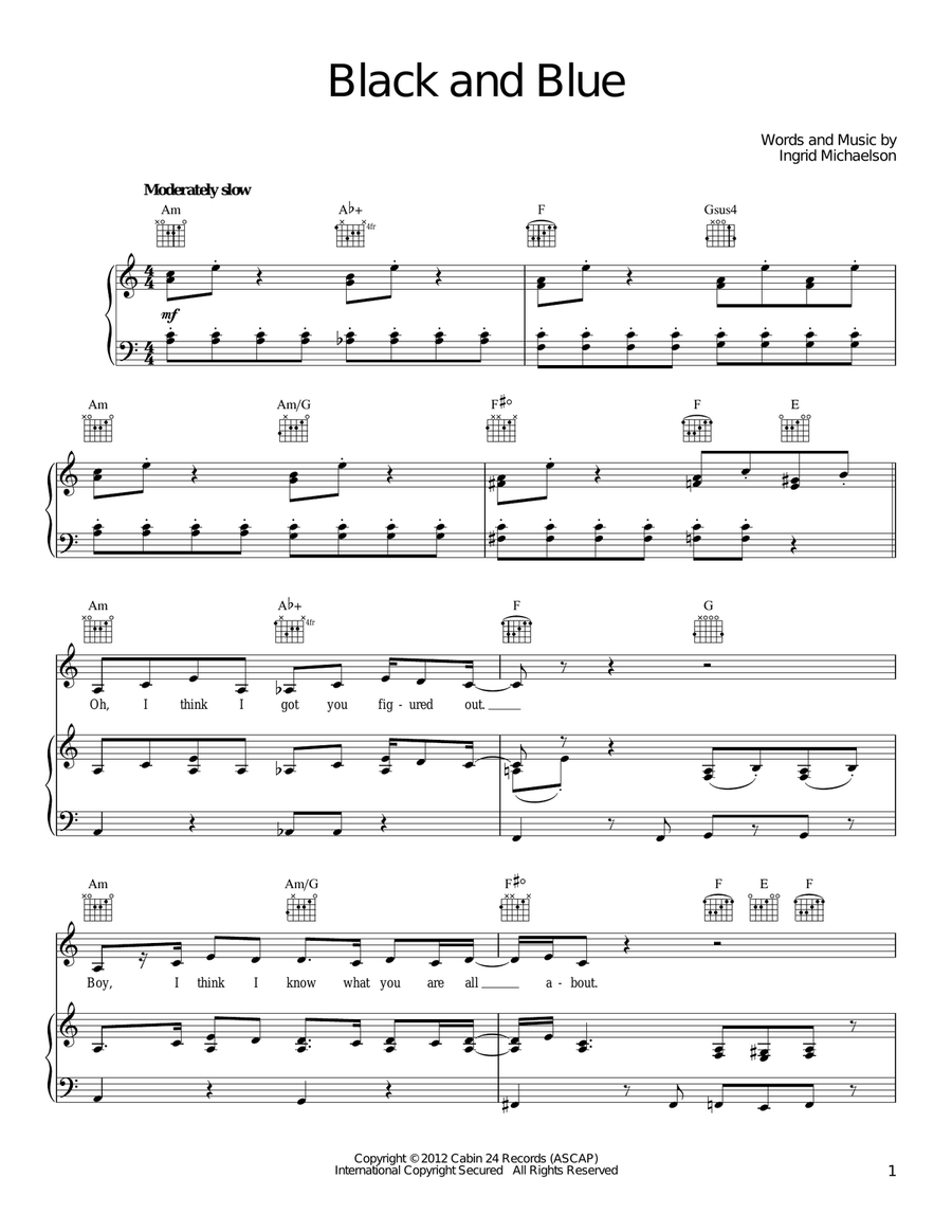 Black And Blue Piano, Vocal, Guitar scores gallery preview page 1