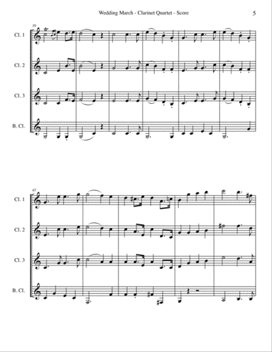 Mendelssohn Wedding March from A Midsummer Night's Dream for Clarinet Quartet Clarinet Quartet scores gallery preview page 5