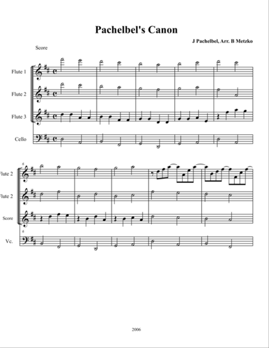 Pachelbel's Canon for Flute Trio with optional Cello or other Bass Instrument Large Ensemble scores gallery preview page 1
