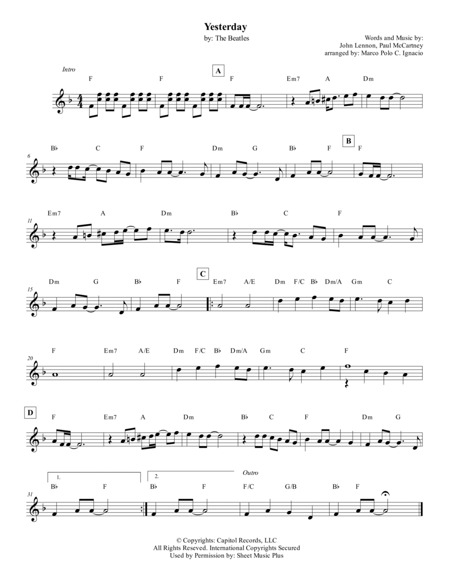 Yesterday Piano scores gallery preview page 1