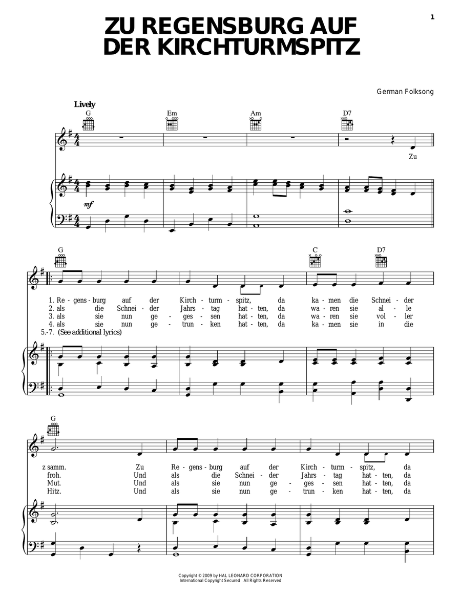 Zu Regensburg Auf Der Kirchturmspitz Piano, Vocal, Guitar scores gallery preview page 1