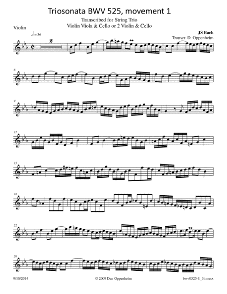 Bach: Triosonata BWV 525 1st movement arrange for Violin, Viola and Cello or 2 Violins, and Cello Small Ensemble scores gallery preview page 6