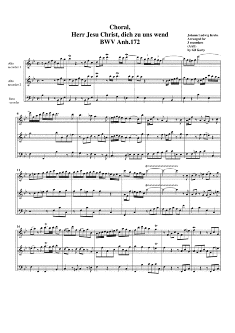 Choral, Herr Jesu Christ, dich zu uns wend BWV Anh.172 (arrangement for 3 recorders)