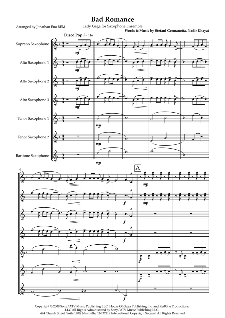 Bad Romance Woodwind Ensemble scores gallery preview page 1