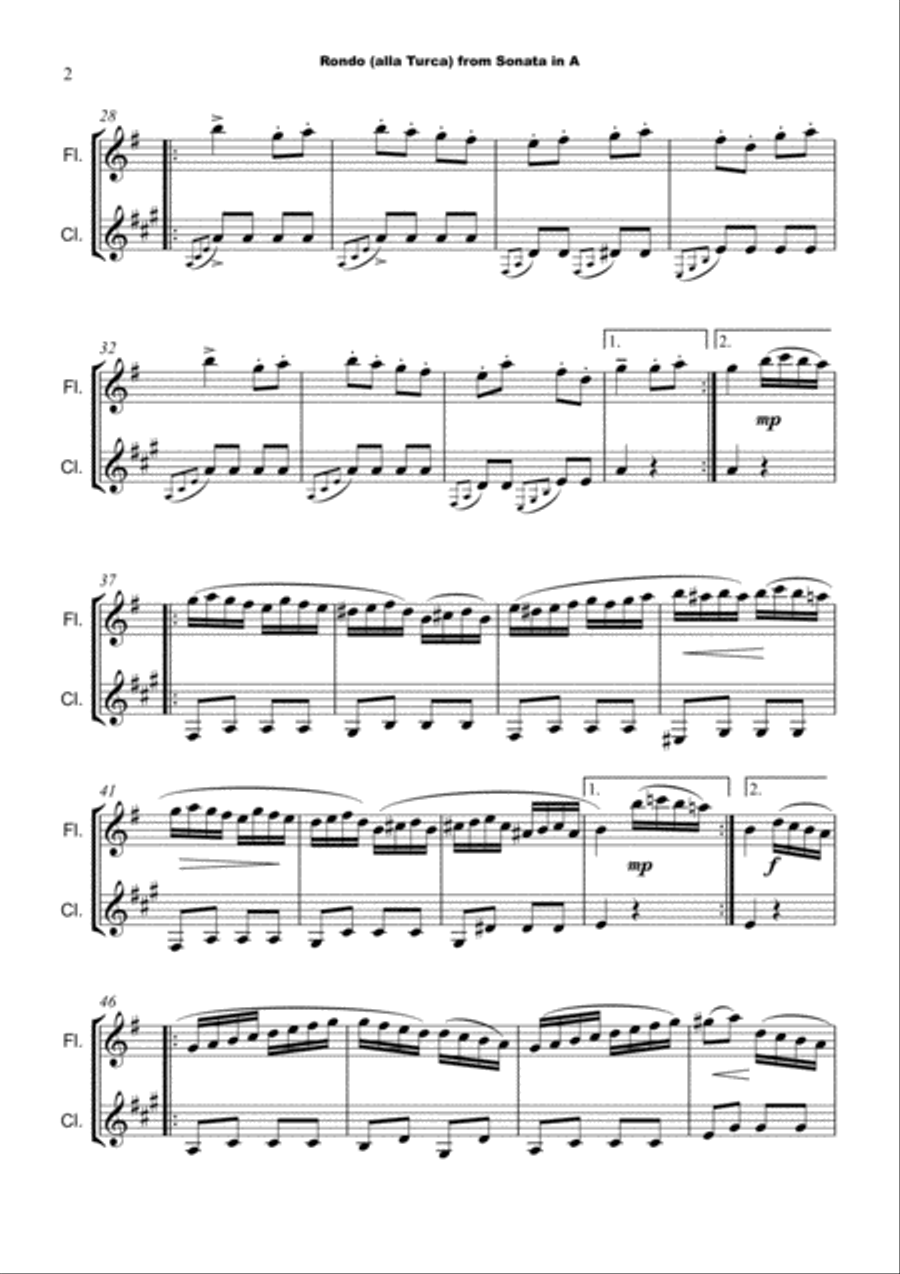 Rondo Alla Turca, W A Mozart, Flute and Clarinet Duet. Woodwind Duet scores gallery preview page 3