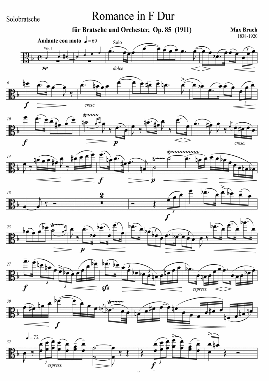Romance in F Major for Viola and String Orchestra, Op. 85 - Set of Parts String Orchestra scores gallery preview page 1