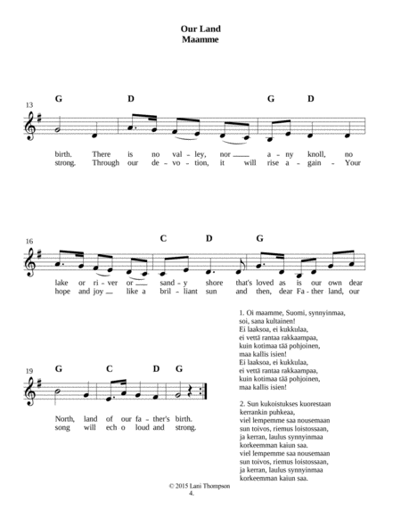 Five Finnish Songs of Land and Heritage with sing-able English and Finnish lyrics image number null
