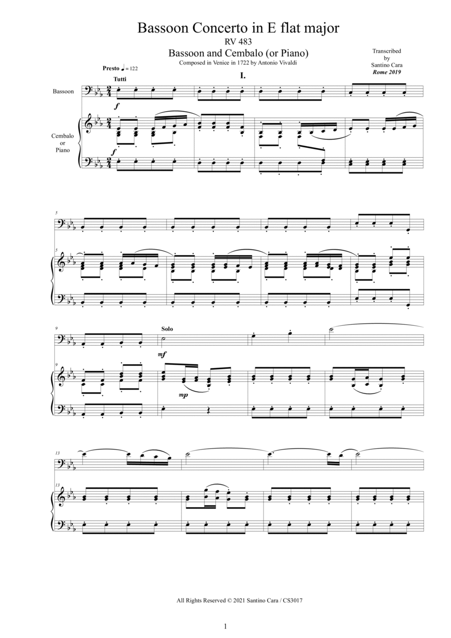Vivaldi - Bassoon Concerto in E flat major RV 483 for Bassoon and Cembalo (or Piano) Bassoon Solo scores gallery preview page 1