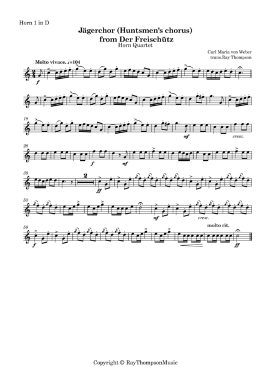 Weber: Jägerchor (Huntsmen's chorus) from Der Freischütz - horn quartet (optional tuba) Choir scores gallery preview page 4
