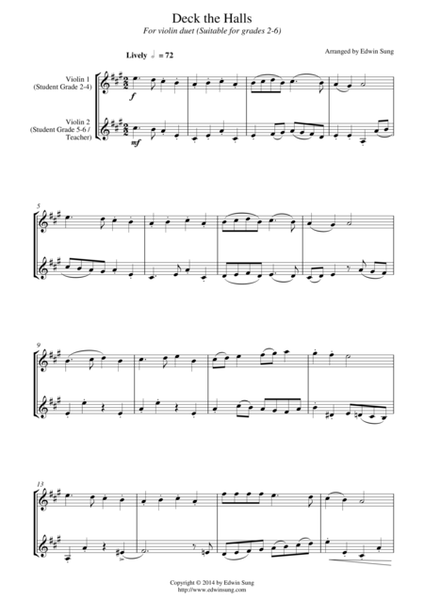 Deck the Halls (for violin duet, suitable for grades 2-6) image number null